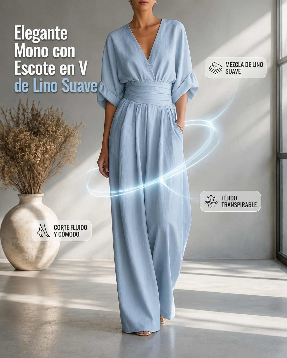 Rebeca - Mono Largo de Lino con Escote en V