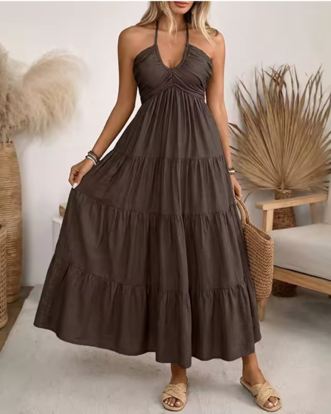 Irene - Vestido Midi de Verano con Escote Halter y Caída Fluida