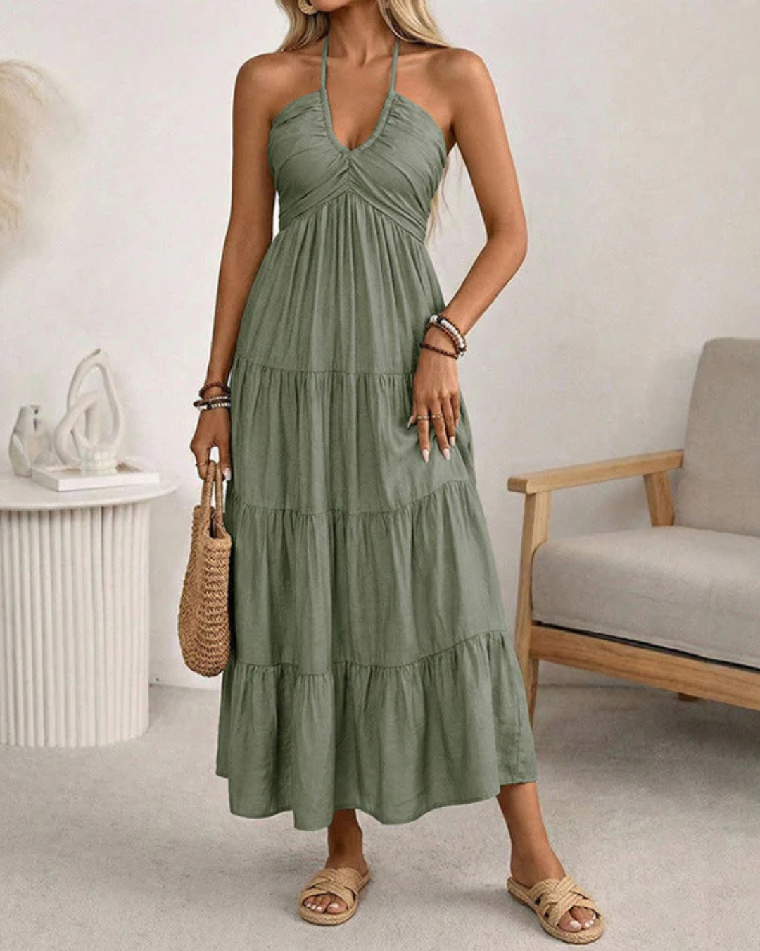 Irene - Vestido Midi de Verano con Escote Halter y Caída Fluida