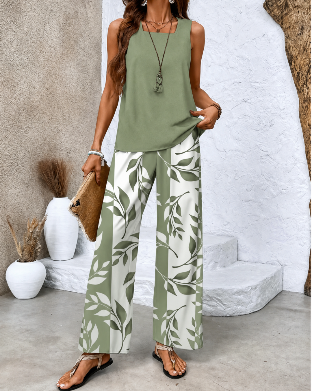 Olivia - Conjunto de 2 Piezas con Top Liso y Pantalón Estampado
