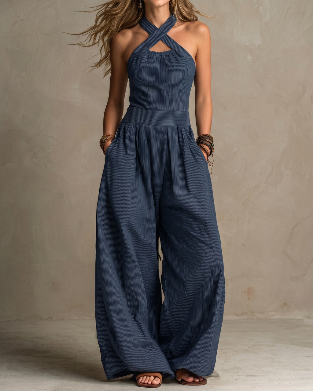 Arianna - Mono Elegante con Escote Cruzado Azul