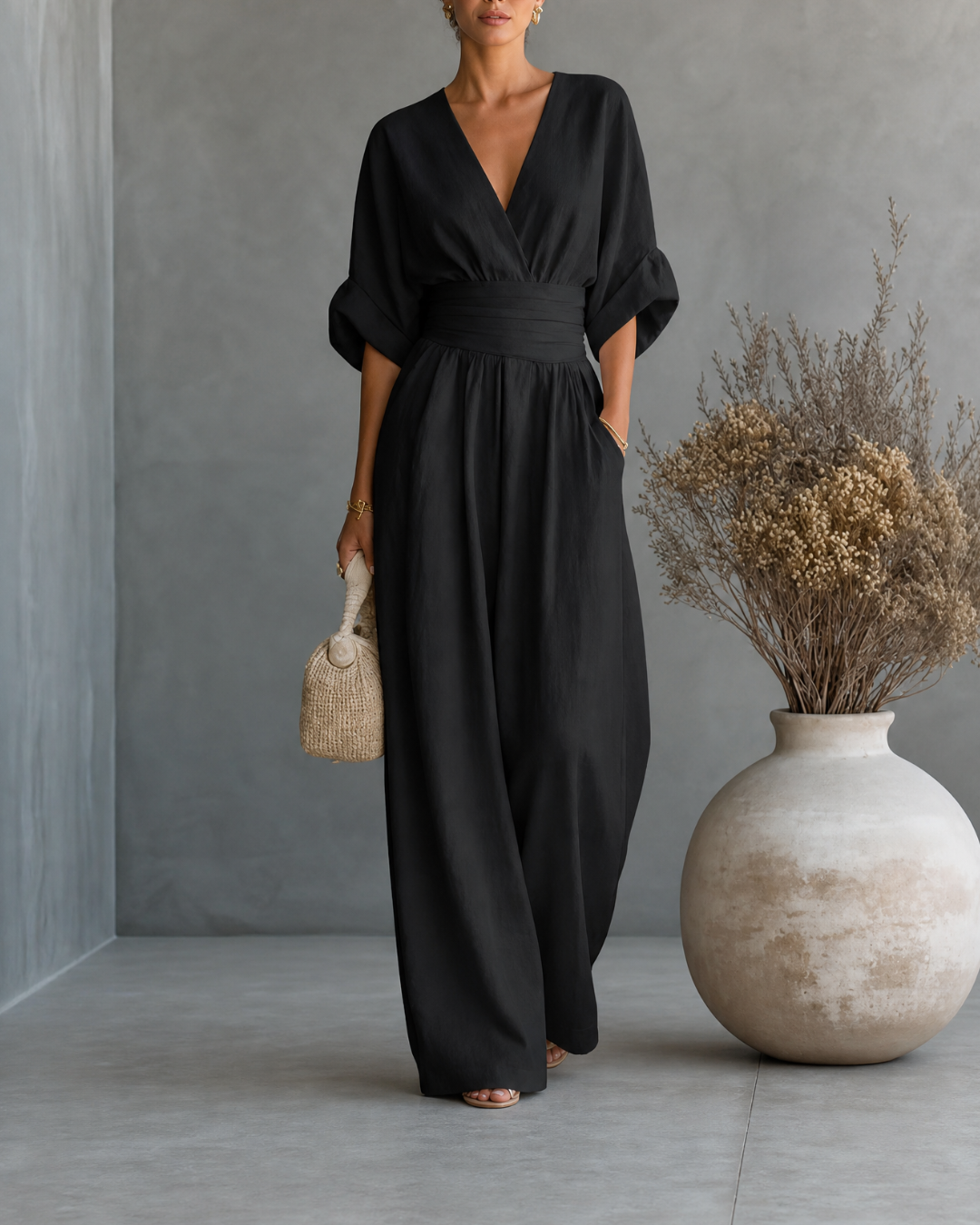 Rebeca - Mono Largo de Lino con Escote en V