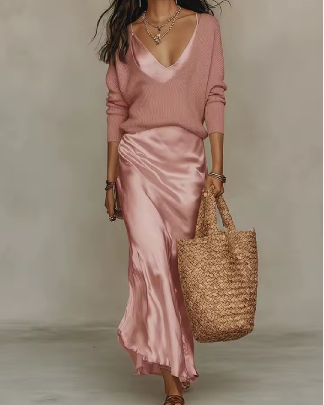 Carla - Conjunto Satinado y Jersey de Punto