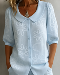 Alba - Camisa Bordada de Manga Corta con Cuello Redondo