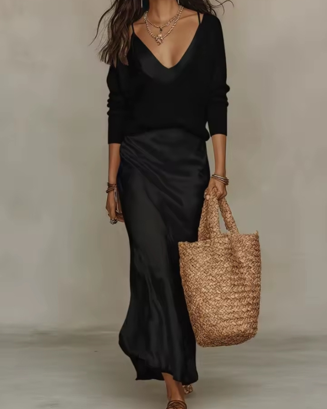 Carla - Conjunto Satinado y Jersey de Punto