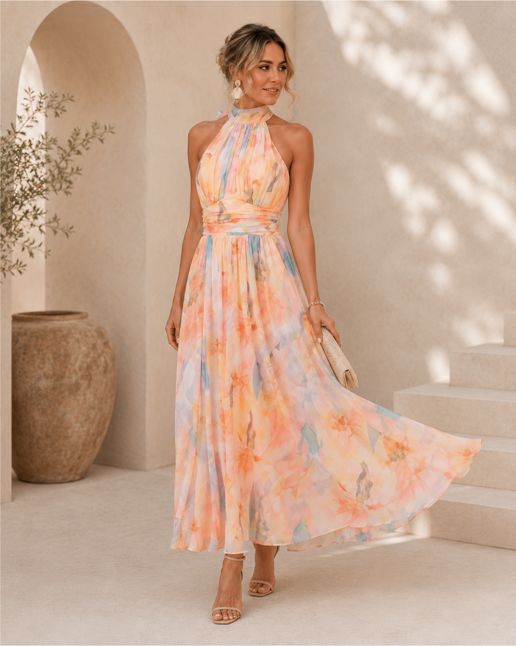 Lucía - Vestido Maxi de Satén con Estampado Acuarela