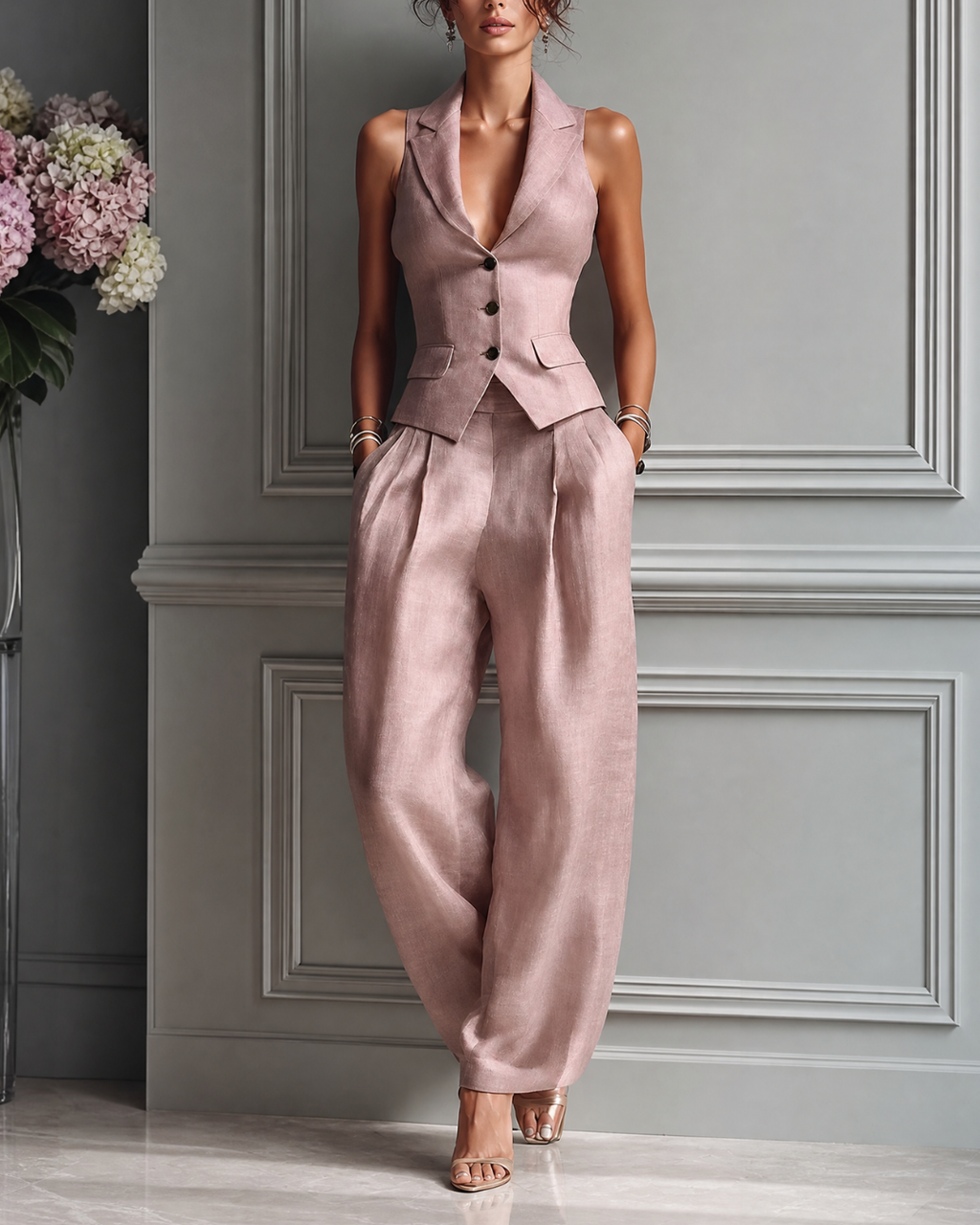 Eva - Conjunto Chaleco + Pantalón Pierna Ancha