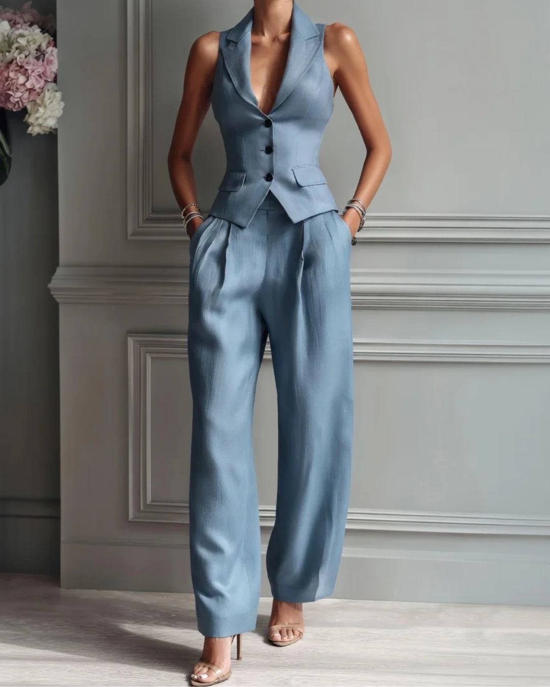 Eva - Conjunto Chaleco + Pantalón Pierna Ancha
