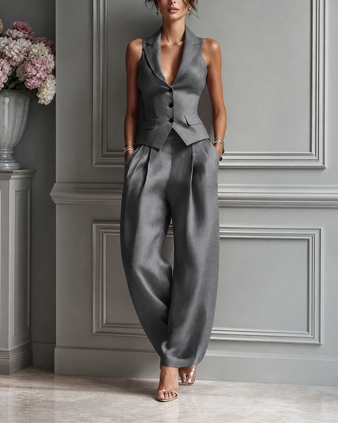 Eva - Conjunto Chaleco + Pantalón Pierna Ancha