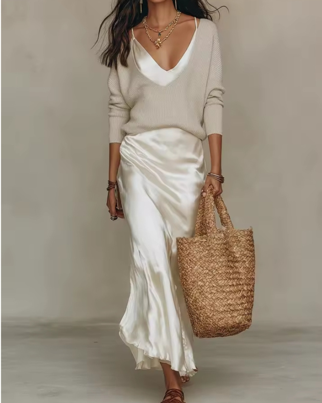 Carla - Conjunto Satinado y Jersey de Punto