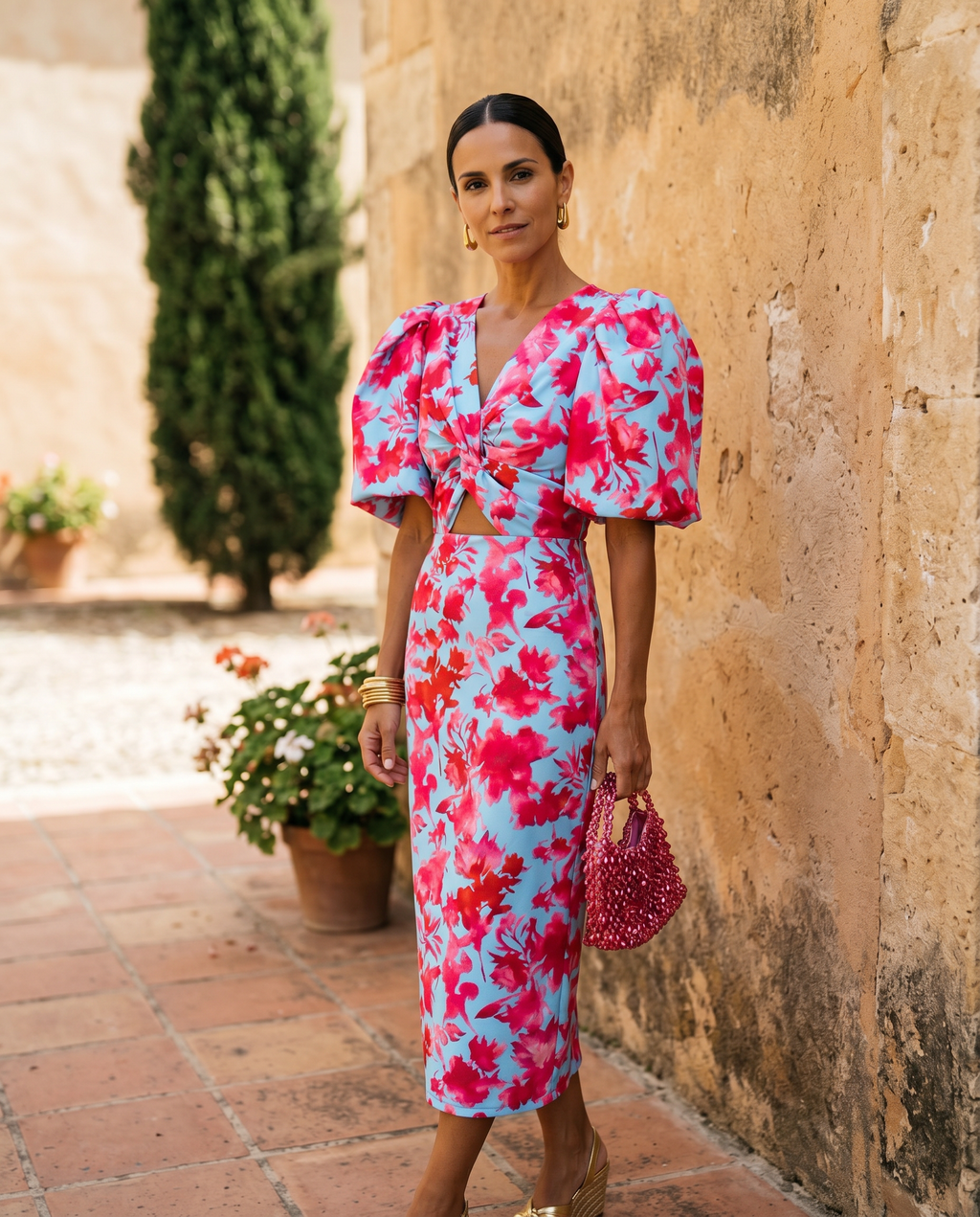 Maite - Vestido Midi Estampado con Mangas Abullonadas