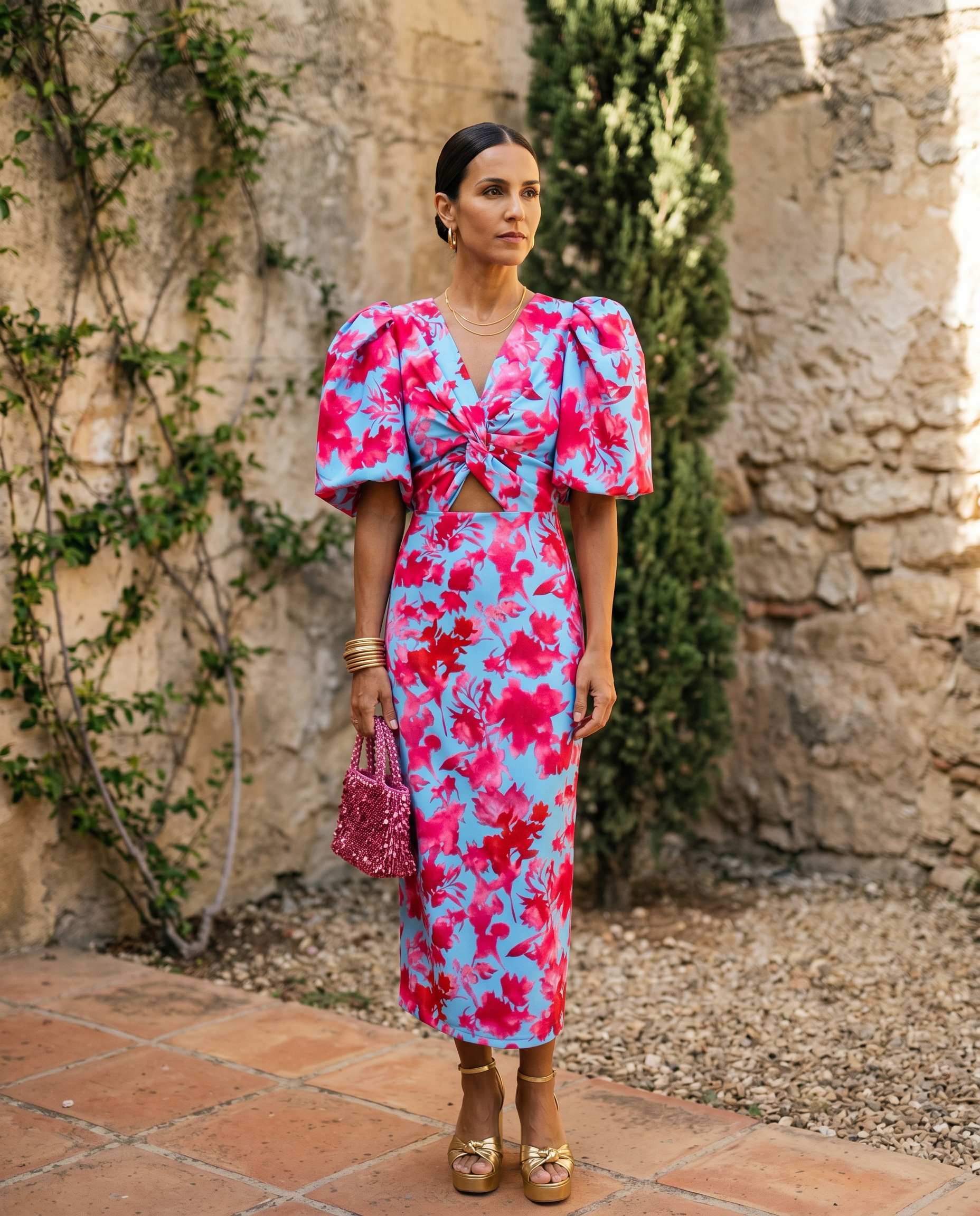 Maite - Vestido Midi Estampado con Mangas Abullonadas
