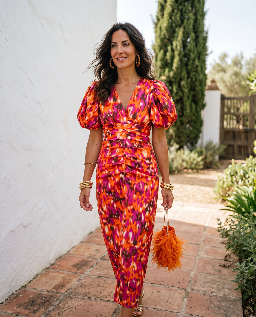 Maite - Vestido Midi Estampado con Mangas Abullonadas