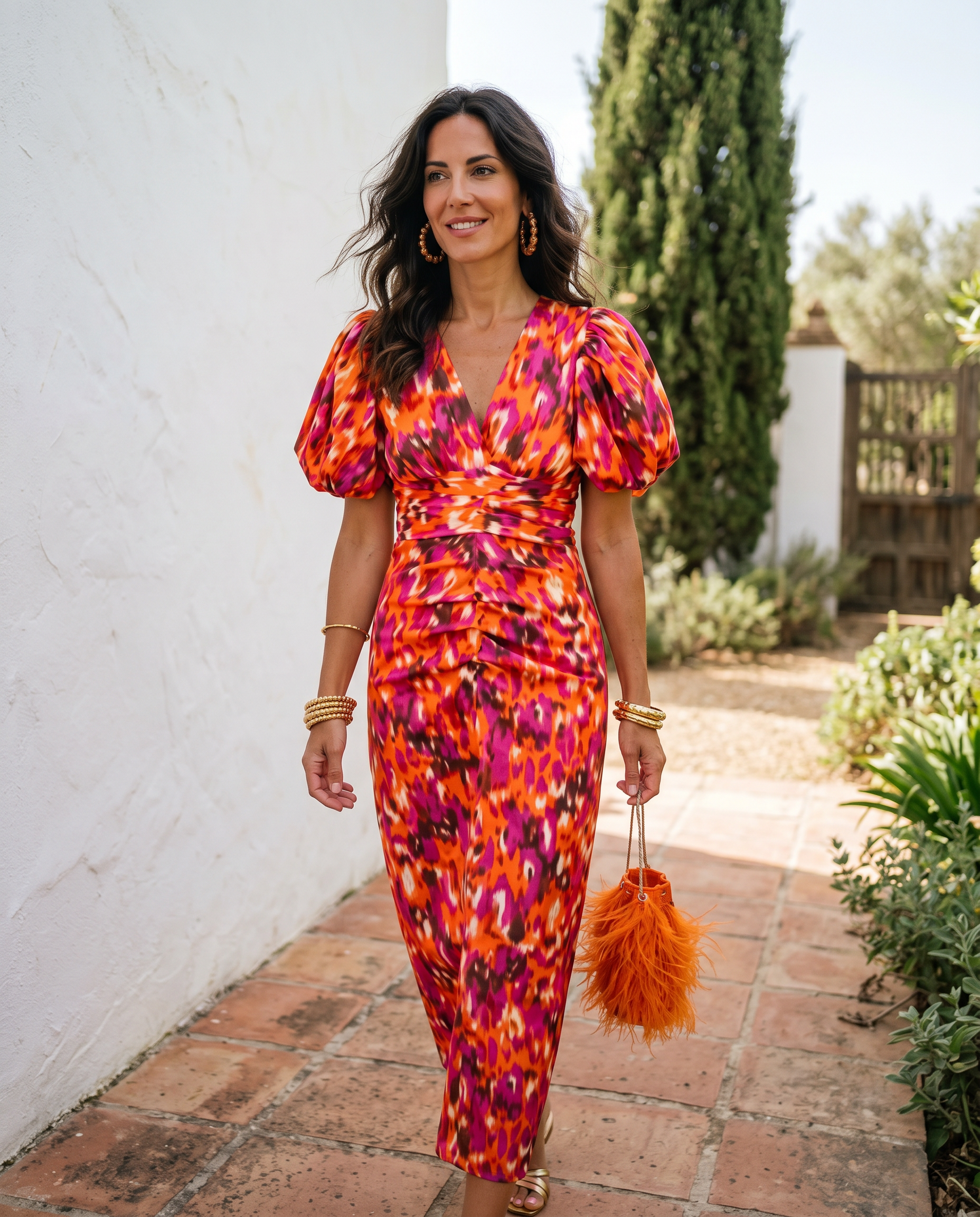 Maite - Vestido Midi Estampado con Mangas Abullonadas