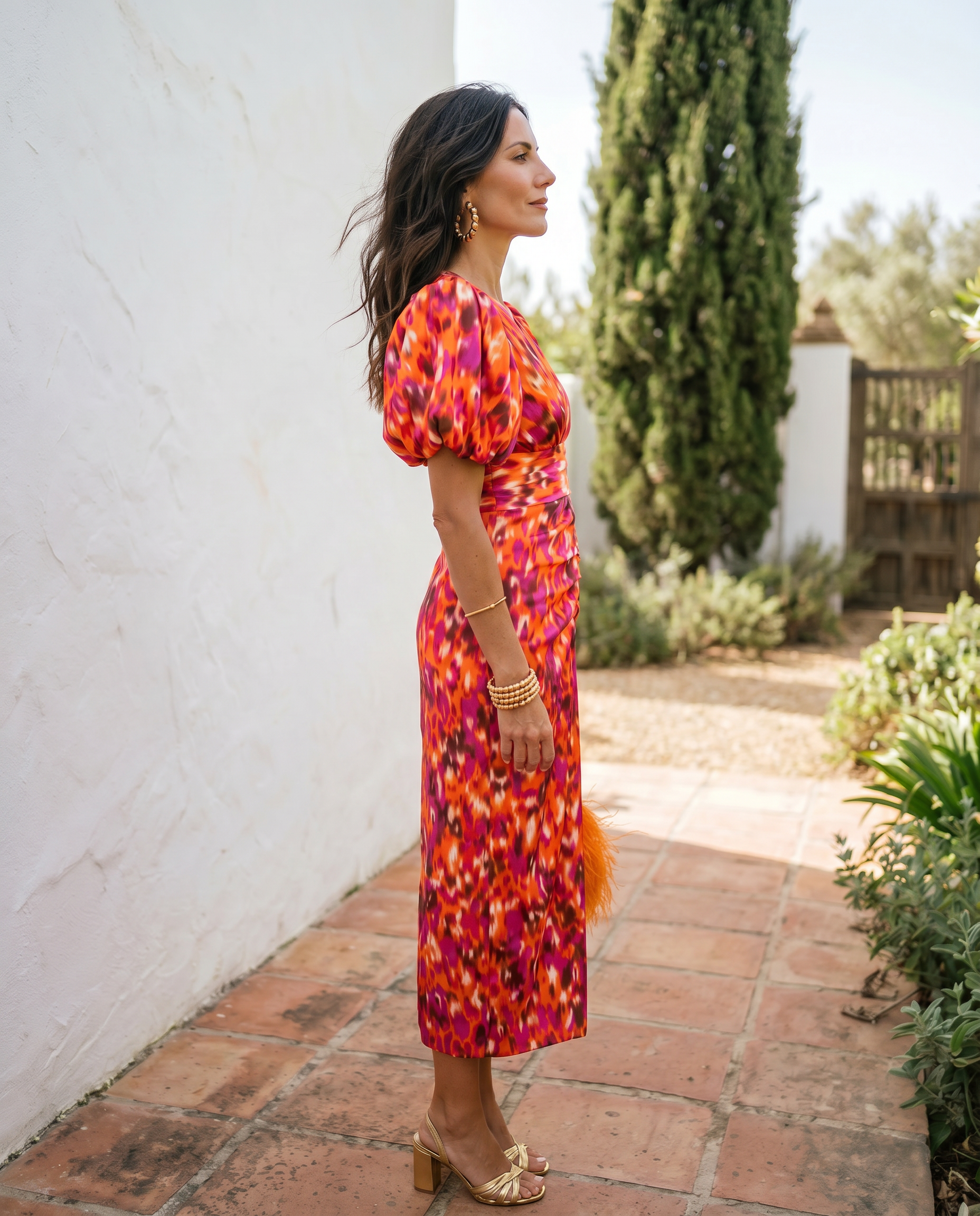 Maite - Vestido Midi Estampado con Mangas Abullonadas