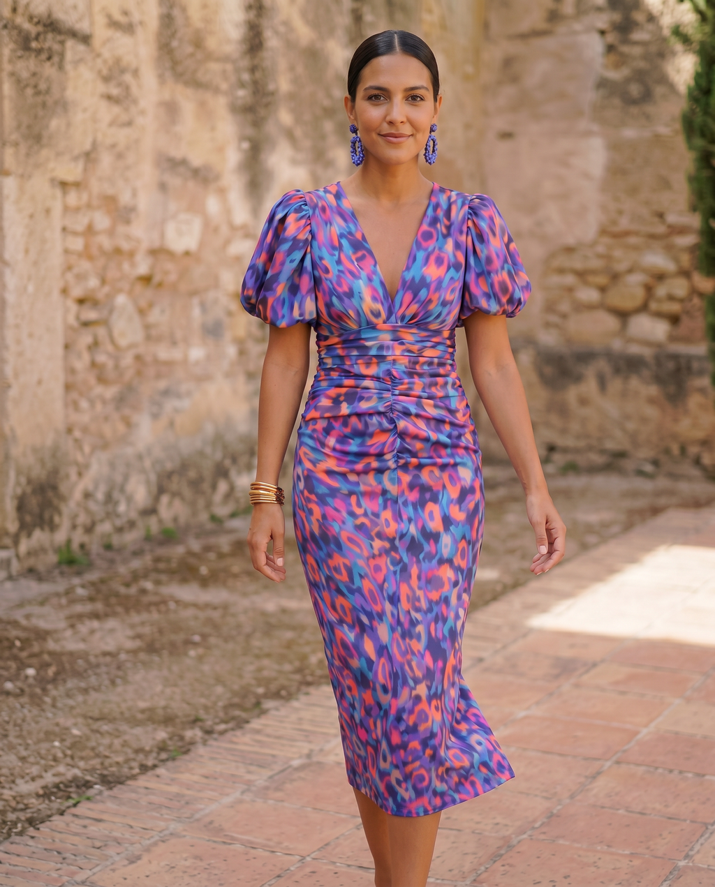 Maite - Vestido Midi Estampado con Mangas Abullonadas