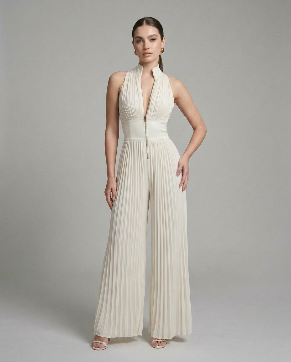 Clara - Mono Plisado de Pierna Ancha con Escote Halter