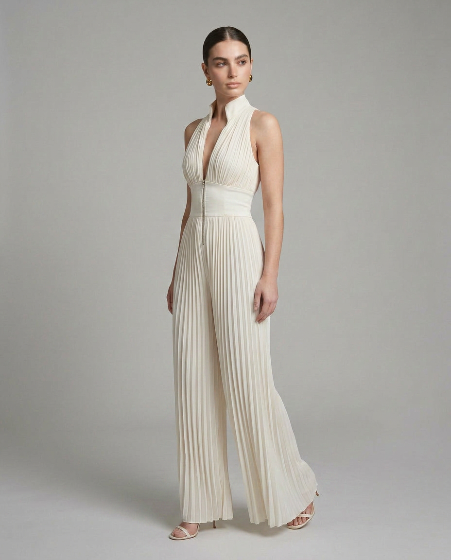 Clara - Mono Plisado de Pierna Ancha con Escote Halter
