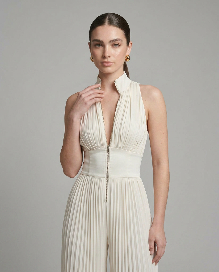 Clara - Mono Plisado de Pierna Ancha con Escote Halter