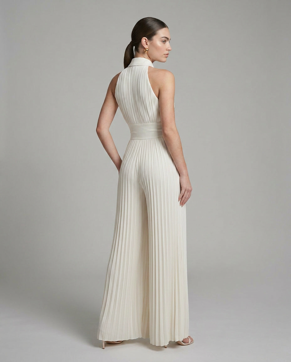 Clara - Mono Plisado de Pierna Ancha con Escote Halter