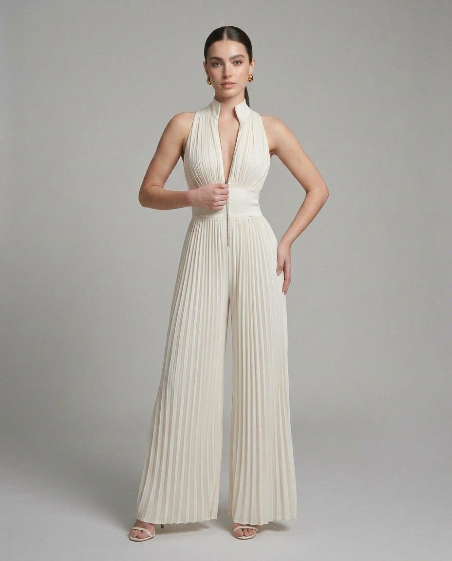 Clara - Mono Plisado de Pierna Ancha con Escote Halter