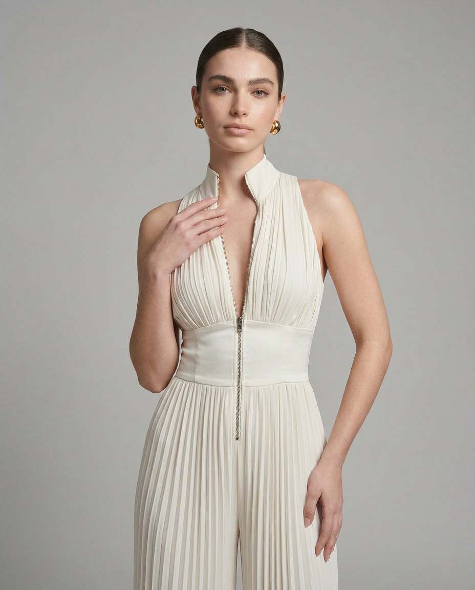 Clara - Mono Plisado de Pierna Ancha con Escote Halter