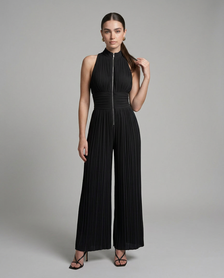 Clara - Mono Plisado de Pierna Ancha con Escote Halter